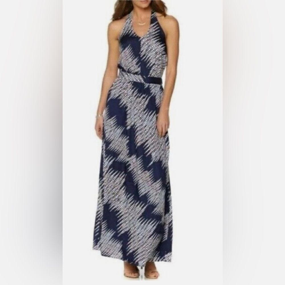 Eva Longoria Navy Abstract Dot Print Halter Neck Maxi Dress Size XS